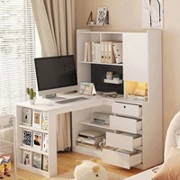 Bureau d'angle en bois en forme de L avec bibliothèque, étagère et éclairage LED, MOQ 100