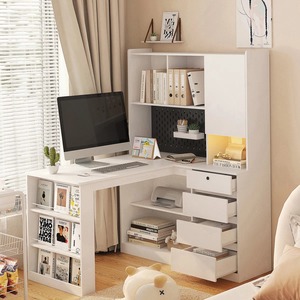 Bureau d'angle en bois en forme de L avec bibliothèque, étagère et éclairage LED, MOQ 100 - Product Image 6
