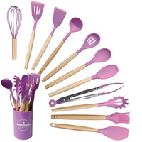 Ensemble d'accessoires de cuisine en silicone personnalisé de 12 pièces, outil de cuisine avec manche en bois, spatule et ustensiles de mélange