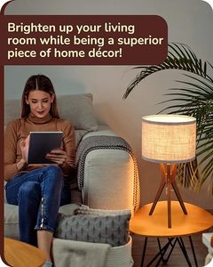 Lampe de table TSINYE Mid Century, lampe de chevet trépied avec base de lumière de couleur bois profonde et <span class=keywords><strong>abat</strong></span>-<span class=keywords><strong>jour</strong></span> en <span class=keywords><strong>lin</strong></span> <span class=keywords><strong>beige</strong></span>, lampe de chevet - Product Image 5