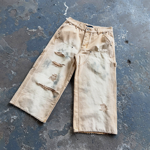 Custom Denim <b>3</b>/<b>4</b> Long <b>Shorts</b> For Men Distressed Raw Hem Straight Streetwear Carpenter Jorts Hommes Vintage Washed Denim <b>Shorts</b> - Product Image 4