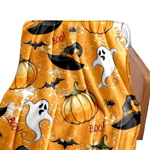 Halloween Theme Plush Throw Blanket Orange With Ghost Pumpkin <b>Witch</b> <b>Hat</b> Pattern Anti-Pilling Machine Washable Home Use - Product Image 3