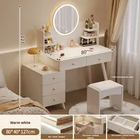 Table de toilette de chambre à coucher moderne et simple avec tiroirs de rangement, miroir rond et tabouret de maquillage inclus - Nouveau style 2025 pour petit appartement