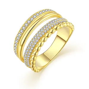 YILUN Women 925 Sterling Silver Band Ring Yellow Gold Plated & Diamond Pave round Shape Prong Setting Cocktail Ring Engagement