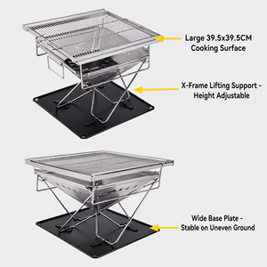 Barbecue portable pliable au charbon de bois <span class=keywords><strong>en</strong></span> acier inoxydable 304 avec grille réglable <span class=keywords><strong>en</strong></span> <span class=keywords><strong>hauteur</strong></span> et cadre <span class=keywords><strong>en</strong></span> X pour camping <span class=keywords><strong>en</strong></span> extérieur - Product Image 4