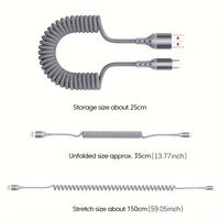 Nouveau câble USB-C à tête droite de 1,5 m pour iPhone, charge rapide 100W, en cuivre pur tressé, cordon élastique rétractable, compatible CarPlay