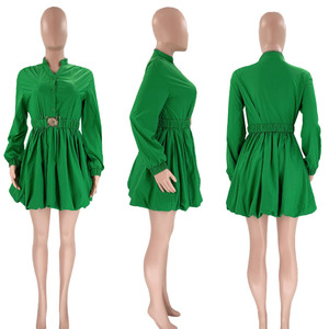 X30825 femme robes nouveautés couleur unie col montant demi Cardigan à manches longues mode décontracté court femmes robes - Product Image 6