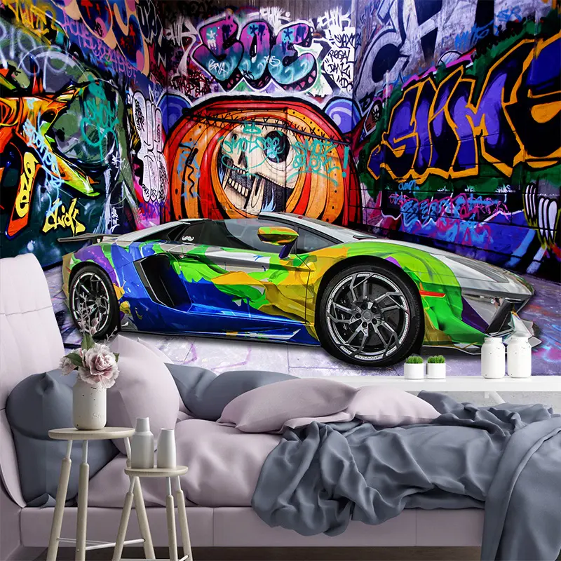 Brique murale papier peint créatif stéréoscopique espace voiture crâne rue Graffiti Art Restaurant fond peinture murale