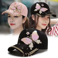 Gorra de béisbol de moda para mujer con lentejuelas, pedrería y abalorios, diseño de mariposa brillante estilo Kpop