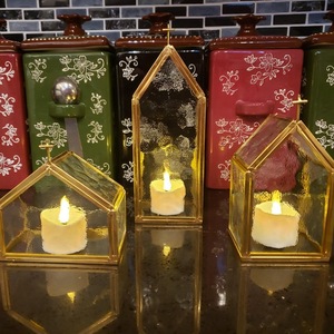 LANJO Gold Metal & Textured Glass House-Shaped Candle Holders for Elegant Home Decor Brass Metal <b>Lanterns</b> <b>Set</b> Of 3 - Product Image 4