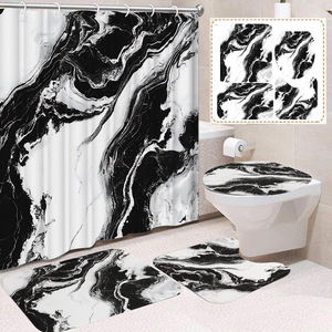 Rideau de douche en polyester à motif marbre blanc et gris tourbillonnant, ensemble rideau et tapis de salle de bain, impression numérique, vente en gros - Product Image 4