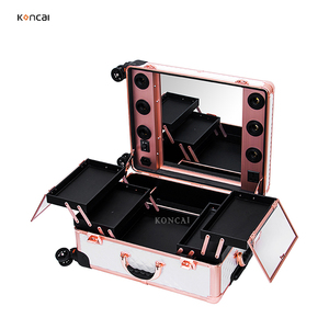 FAMA Factory Large Diamond Lattice PVC Durable Japan Style Soft Handle <strong>Vanity</strong> <strong>Box</strong> with Lights Makeup Train Case with Mirror - Product Image 2