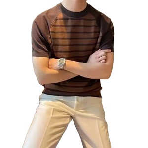 เสื้อยืดแขนสั้นลายทางสำหรับผู้ชาย สีดำและสีน้ำตาล M L XL 2XL 3XL คอกลม ทรงหลวม ใส่สบาย - Product Image 5