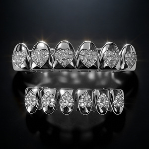 Grillz double pièce en forme de cœur, plaqué or et argent, avec zircone, unisexe, pour usage quotidien, style Hip Hop, ornements dentaires - Product Image 3
