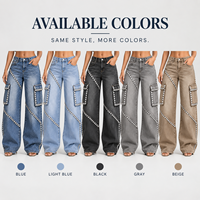 Jean cargo large en denim jacquard délavé vintage personnalisé pour femme, avec coutures incurvées et strass, idéal pour les soirées en club