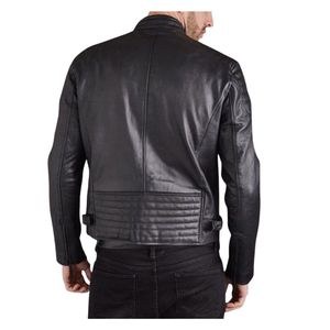 Veste en cuir de vachette noir artisanale de qualité supérieure pour homme, style Cafe Racer, avec détails rembourrés et logo frontal - Product Image 3