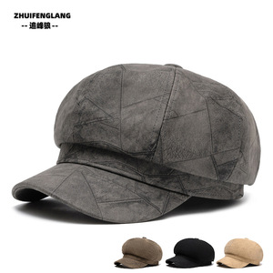 Casquette de rue tendance pour femme, automne-hiver, style britannique, octogonale, en PU rayé, style journaliste, nouvelle casquette à large bord, beret tendance - Product Image 1