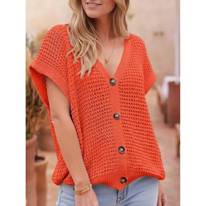 Custom Women's Short Sleeve <b>Crochet</b> <b>Cardigan</b> V Neck Button Down Knit Summer Beach Cover Up Casual Top - Product Image 4