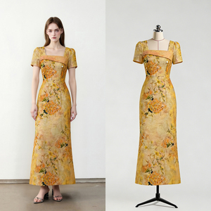 Robe <span class=keywords><strong>midi</strong></span> à manches courtes pour femme, col carré, motif floral, élégante, pour soirée, fournisseur, usine chinoise - Product Image 1