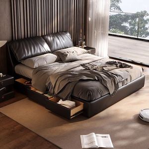 Cama Tapizada <span class=keywords><strong>de</strong></span> Lujo Ligero, Moderna y Minimalista, con Cabecero <span class=keywords><strong>de</strong></span> Cuero <span class=keywords><strong>de</strong></span> Grano Superior y Estructura <span class=keywords><strong>de</strong></span> Roble, Ecológica y <span class=keywords><strong>de</strong></span> Alta Gama - Product Image 2