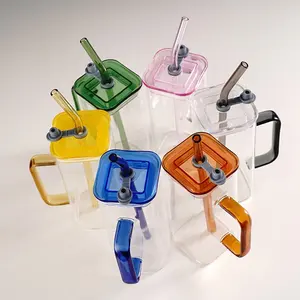 Оптовый индивидуальный логотип 400 мл квадратной формы стеклянная чашка с ручкой и крышкой