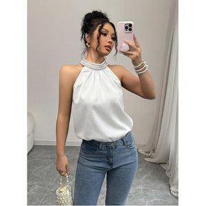 FOXA Women's Summer Halter Top Beaded Sleeveless <b>Blouse</b> Casual Elegant Work Shirt Breathable Polyester - Product Image 4