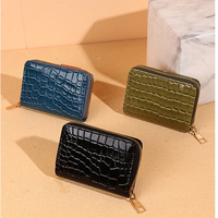 Grosir wanita 9 Slot kartu ID tempat kartu kecil warna Solid dompet PU kulit buaya ritsleting dompet koin Mini