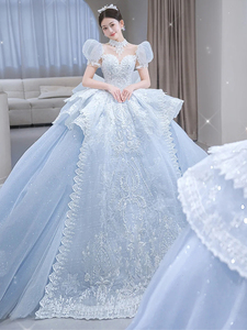 AL1353 2025 Gaun Pengantin Mewah Biru untuk Pengantin Baru Gaya Putri Prancis dengan Tekstur Berkualitas Tinggi, Gaun Bola Kristal, Dekorasi Ruffle - Product Image 5