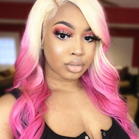 Perruque arc-en-ciel ombré, Blond cendré, rose, cheveux vierges crus, Lace HD transparente, Body Wave