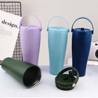 Gobelet isotherme sport en acier inoxydable à double paroi de 30 oz avec poignée portable et paille rabattable – Tasse à café sous vide