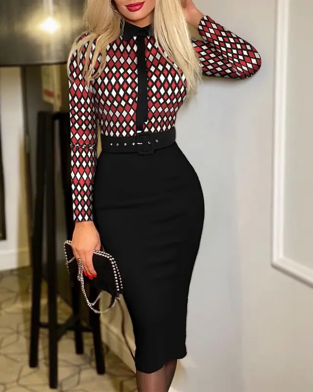 Fall Women Clothes Explosive Casual Dresses Print Business Dress Slim Long Sleeves Long Business Fashion Dress With Belt