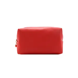 Wholesale plain pu leather makeup bag medium organizer red cute makeup kit pouch