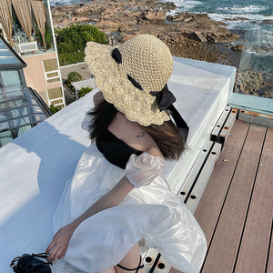 Sombrero de poliéster tejido con borde ondulado para niños y mujeres, pajarita fina, sombrilla de verano para la <span class=keywords><strong>playa</strong></span>, lavabo de <span class=keywords><strong>pescador</strong></span>, <span class=keywords><strong>playa</strong></span> de dibujos animados sólidos - Product Image 3