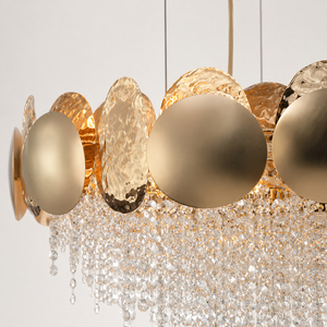 Lámpara colgante moderna circular con cascada de cristal, marco de disco dorado, candelabro para iluminación del comedor del hogar. - Product Image 3