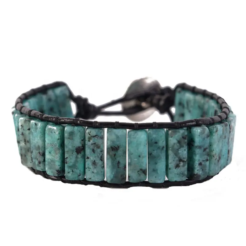 Green Toppik Natural Jade Stone Accessories Leather Wrap Single Engraved Friendship Bracelets for Women Men Jewelry