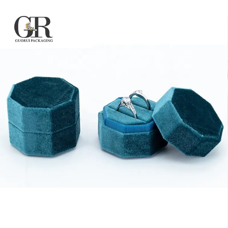 Guoruiカスタムベルベット高級デザインジュエリー包装八角形結婚指輪ボックス