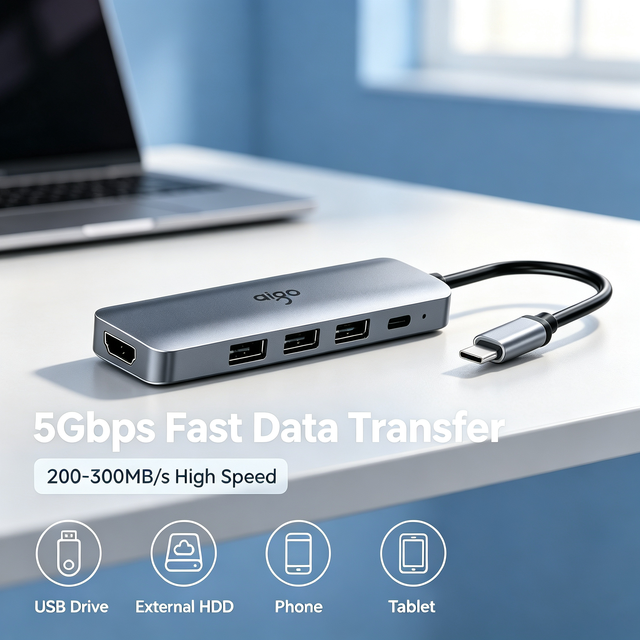 5-in-1 USB-C Peripheral Hub,Type-C Multiport Splitter With ,USB3.0 USB2.0,100W PD for Dual Screen Laptop Working Environment
