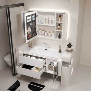 Combinaison d'armoires de salle de bain intelligentes en bois d'hévéa avec lavabo intégré en céramique - Product Image 4