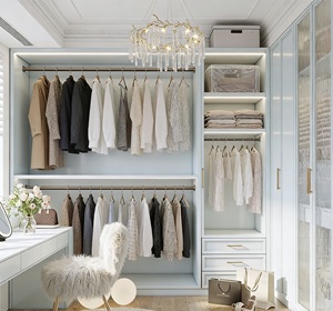 Armario Moderno de Madera Azul Claro con Puerta de Vidrio Esmerilado y Herrajes Dorados |   Armario de Dormitorio Personalizado con Cajones de Almacenamiento Integrados - Product Image 6