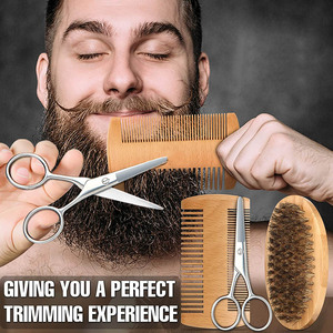 <b>Beard</b> Care Set With Stainless Steel Razor Wooden Brush Comb <b>Scissors</b> Styling Tools For Men Shaping <b>Beard</b> Grooming Kit - Product Image 2