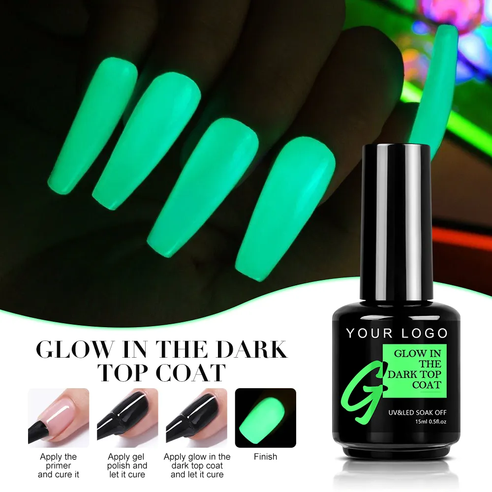 Caixuan Amostra Grátis Brilho no Dark Top Coat Private Label UV Gel Nail Polish Fluorescência