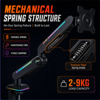 Support d'écran avec éclairage RGB personnalisable, bras à ressort, 17-32 pouces, VESA, hauteur réglable, support ergonomique à bras unique