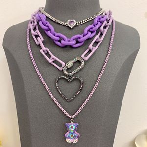 BD-B3343 퍼플 에나멜 하트 베어 펜던트 실버 체인 목걸이 여성용 - Product Image 1