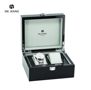 Caja de reloj con logotipo personalizado de fábrica, cajas de almacenamiento de reloj individual de Piano de alto brillo, bisagra de Metal, caja de reloj de madera