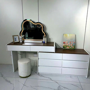 Modern Makeup <b>Vanity</b> <b>Table</b> with Lighted <b>Mirror</b> White MDF Storage Desk for Bedroom Furniture - Product Image 1