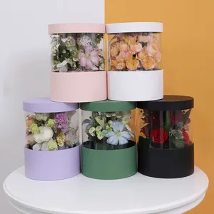 PVC Round Luxury Transparent Clear Fresh Flower Bouquet Packaging Gift Hat Box With Floral Foam