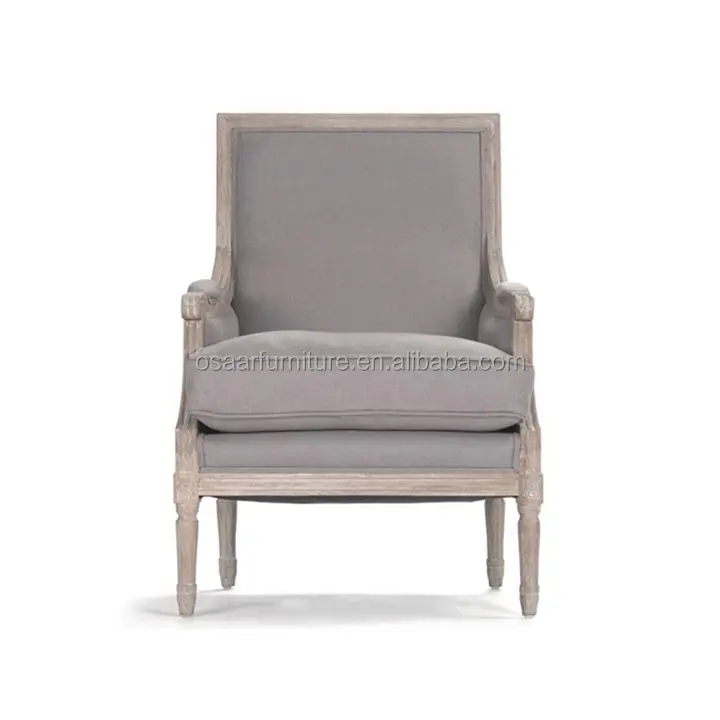 Fransız tarzı oturma odası mobilya kireçli meşe ahşap Louis XVI gri keten Accent kol sandalye