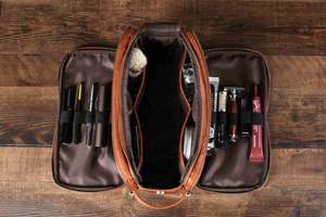 Bolsa de afeitar de cuero para aseo personal para hombre, Kit Popular de cosméticos de cuero genuino con logotipo personalizado, con doble bolsillo - Product Image 3