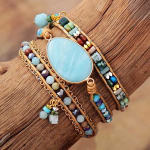 Natural Amazonite Hand-Woven Leather <b>Bracelet</b> Tassel Design Women's Jewelry Gift Fashion <b>String</b> <b>Bracelet</b> - Product Image 1