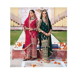 ชุดซอลวาร์ผ้าไหมพร้อมงานปักเหมาะสำหรับงานแต่งงานในช่วงเทศกาลพร้อมคอลเลกชันส่งออกจากอินเดีย - Product Image 1